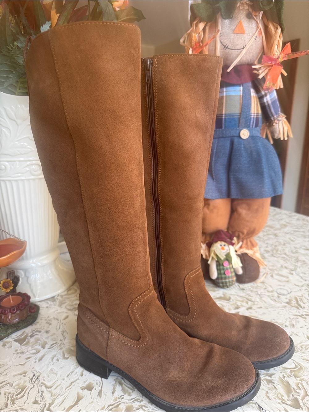 Clarks Tall Suede Riding Boots in Chestnut Brown